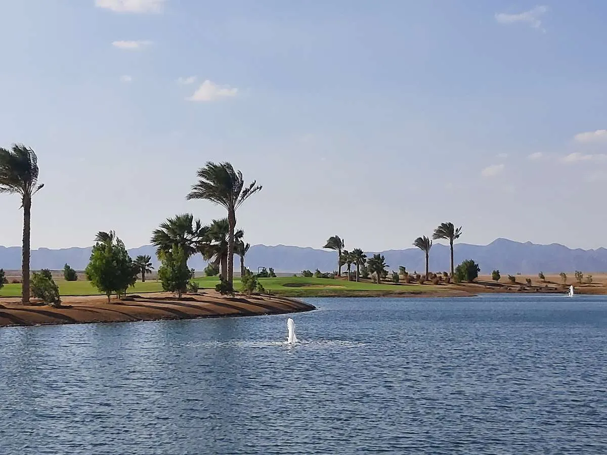 Lagune mit Palmen am Ancient Sands Golf Club