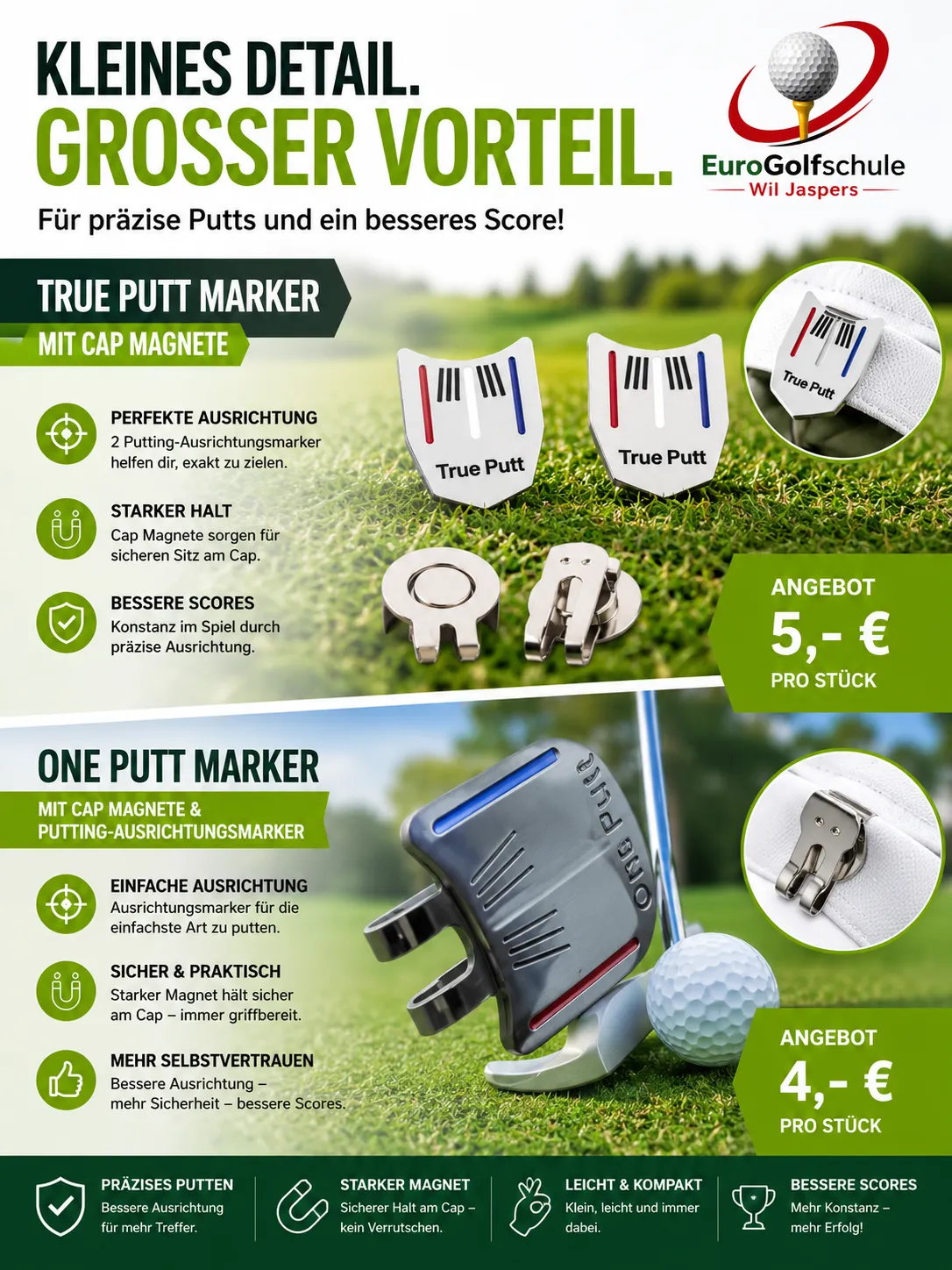 Angebotsflyer True Putt Marker und One Putt Marker mit Cap-Magnet