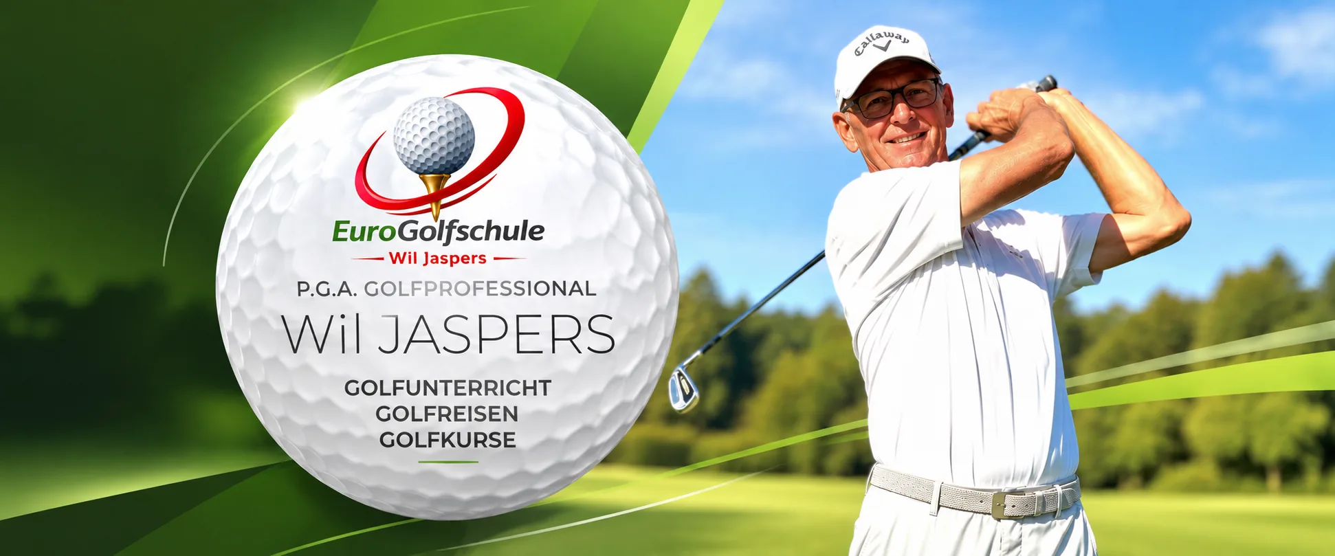 EuroGolfschule Wil Jaspers, P.G.A. Golfprofessional – Golfunterricht, Golfreisen, Golfkurse; rechts Wil Jaspers beim Abschwung auf dem Golfplatz
