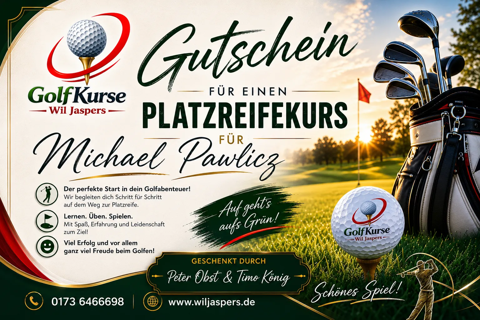 Beispiel eines personalisierten Gutscheins der Golfkurse Wil Jaspers für einen Platzreifekurs