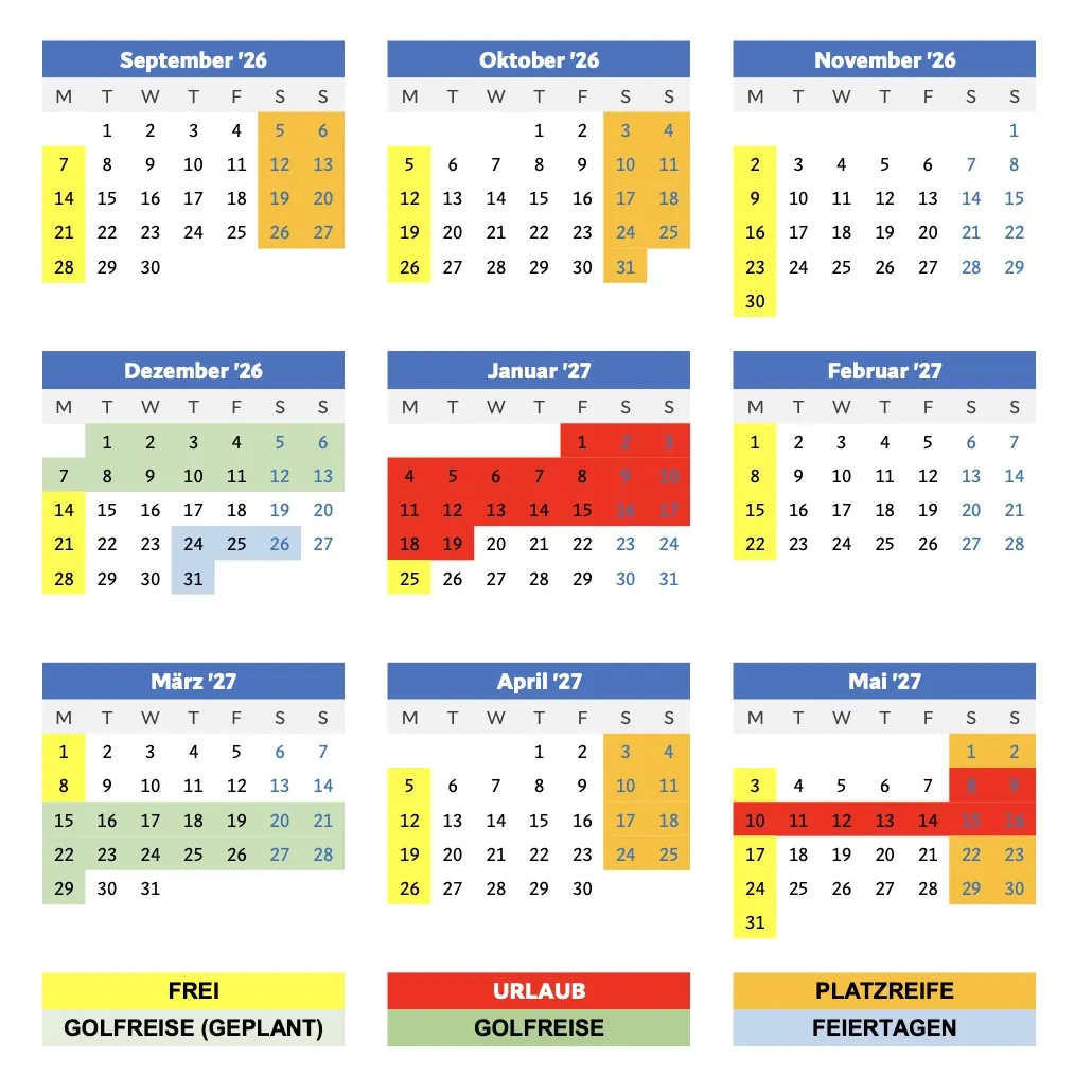 Kalender des Wintertrainings 2026/27 von September bis Mai mit markierten Trainings-, Urlaubs- und Feiertagen