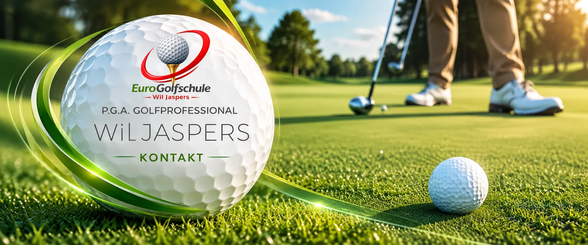 EuroGolfschule Wil Jaspers, P.G.A. Golfprofessional – Kontakt: ein großer Golfball mit dem Logo links, rechts ein Spieler beim Putten auf dem Grün