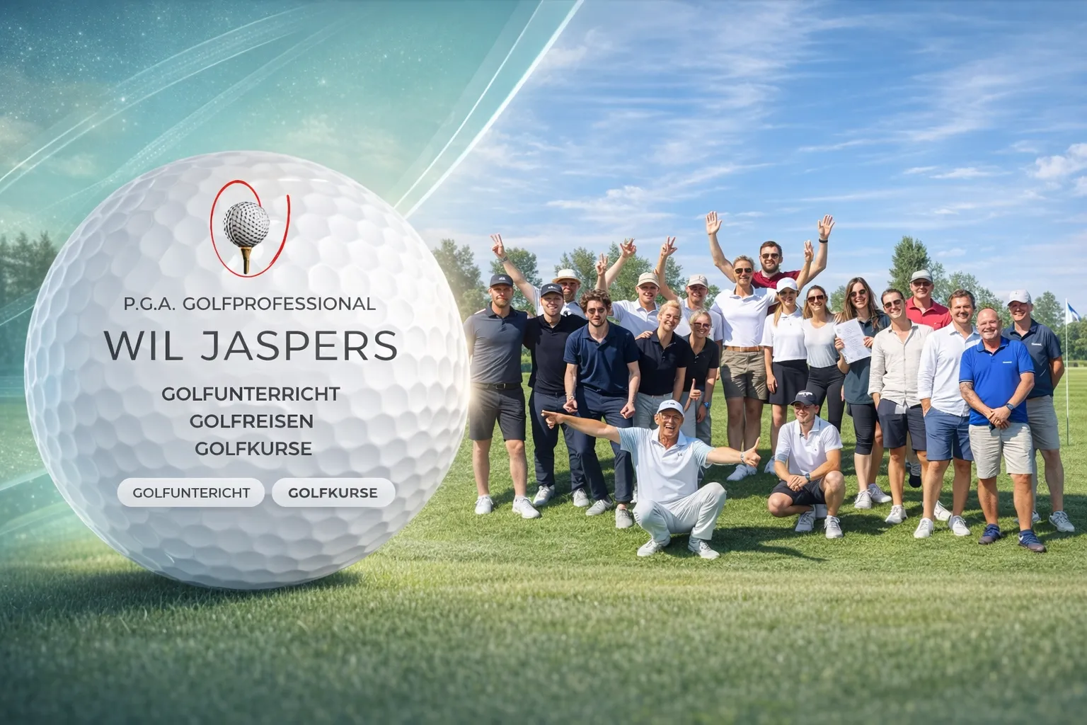 P.G.A. Golfprofessional Wil Jaspers mit einer Gruppe von Golfschülerinnen und Golfschülern auf dem Platz