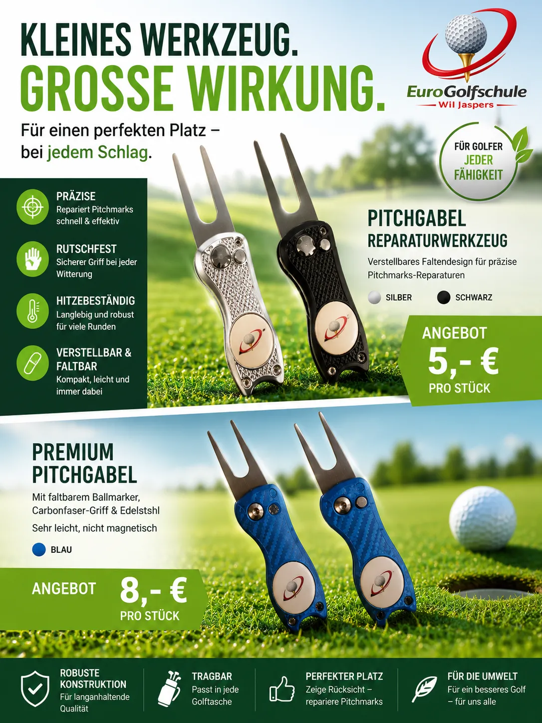 Angebotsflyer Pitchgabel und Premium-Pitchgabel mit Logo der Eurogolfschule