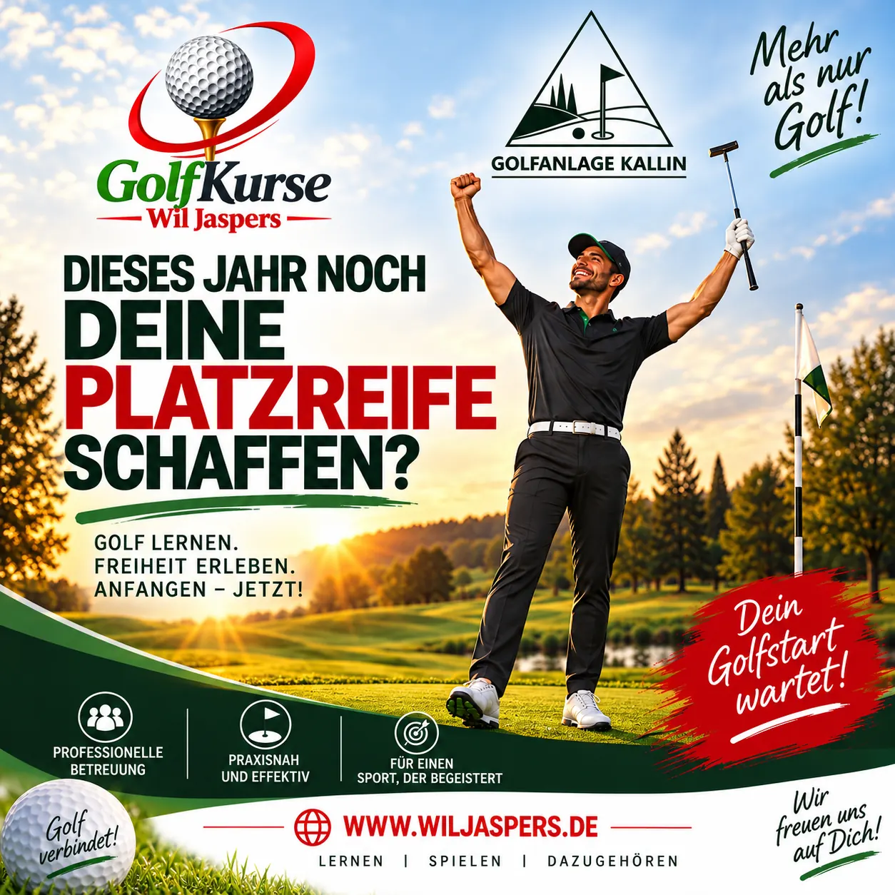 Golfer jubelt auf dem Platz: Dieses Jahr noch deine Platzreife schaffen