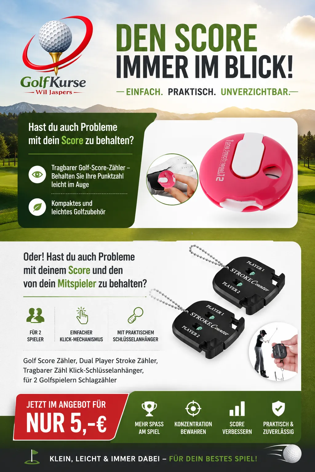 Angebotsflyer Golf-Score-Zähler für einen Spieler und Stroke Counter für zwei Spieler