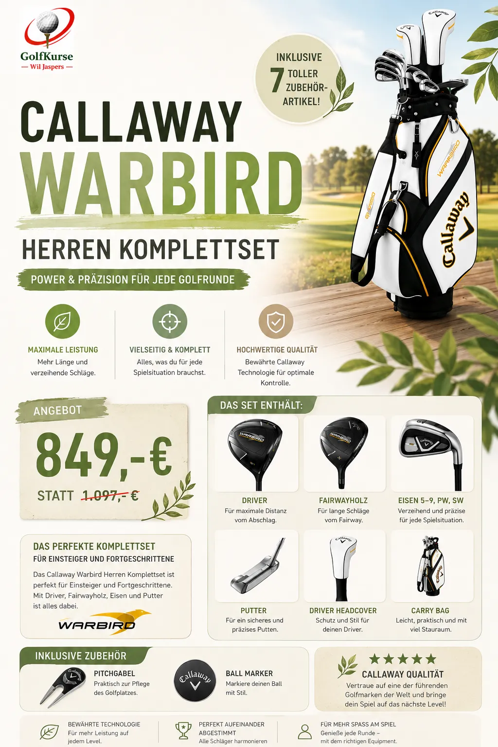 Angebotsflyer Callaway Warbird Herren-Komplettset: 849 € statt 1.097 €, inklusive sieben Zubehörartikeln