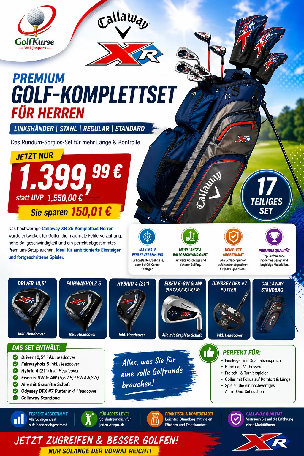 Angebotsflyer Callaway XR 26 Premium-Golf-Komplettset für Herren, 17-teilig: 1.399,99 € statt UVP 1.550 €